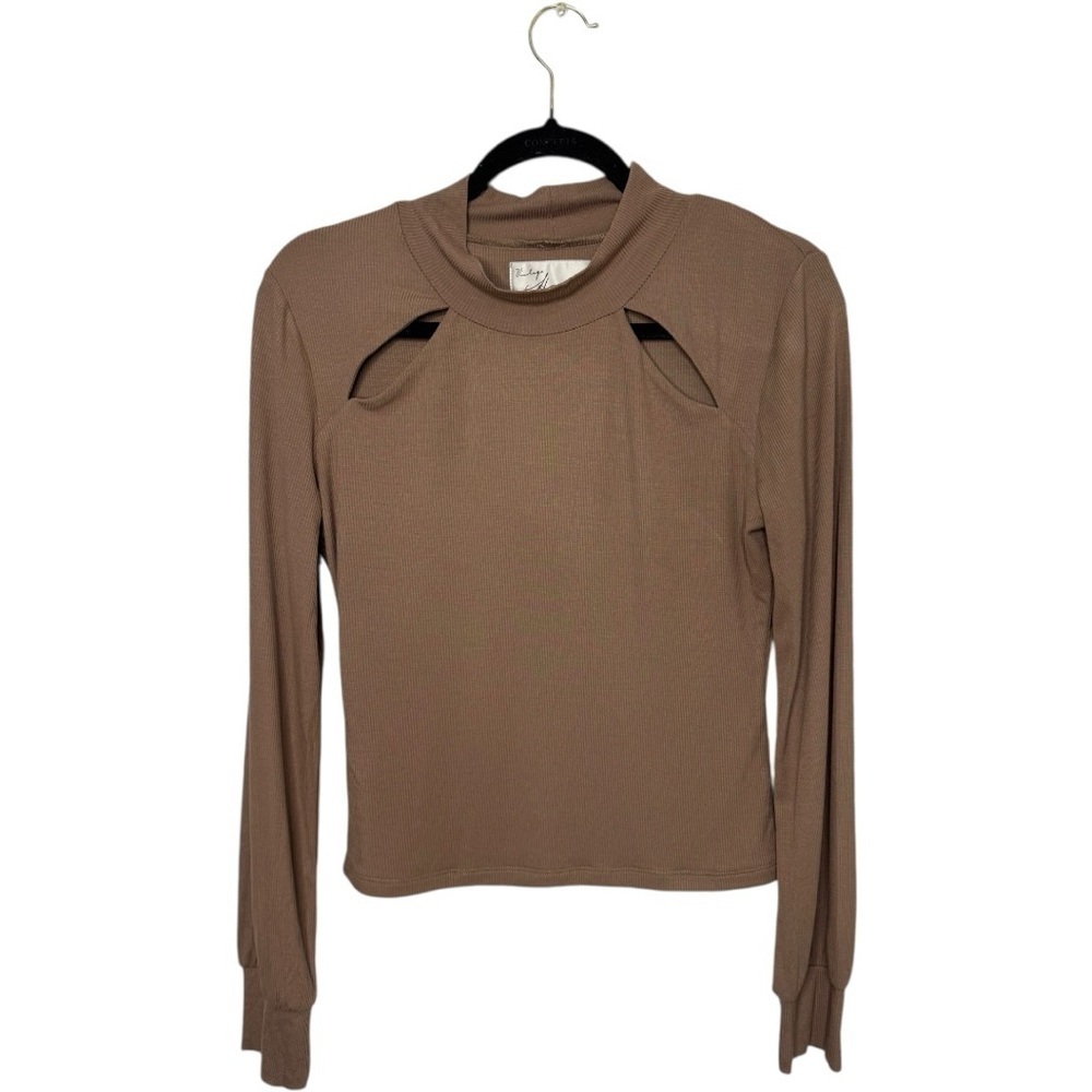 Vintage Havana Rib Cutout Mock Neck Long Sleeve Top Neutral Brown Fitted Stretch